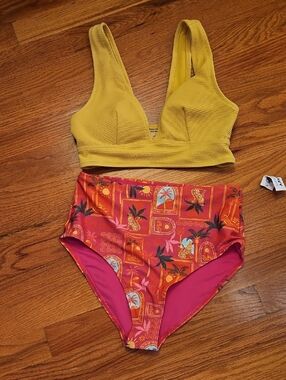 Old Navy Yellow Tank Bikini Top with Red Tropical High-Waist Bottoms